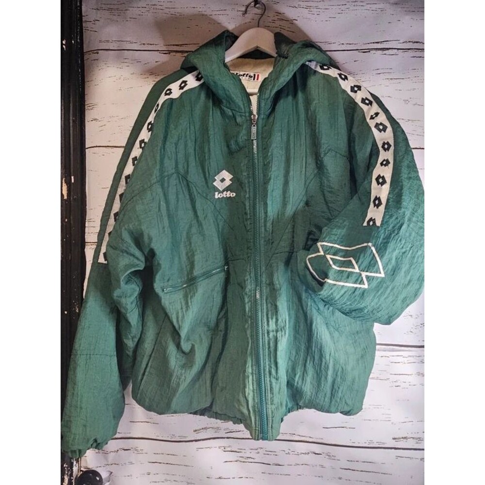 Vintage 90s Lotto Italia Green Windbreaker Jacket Embroidered Logo Hooded